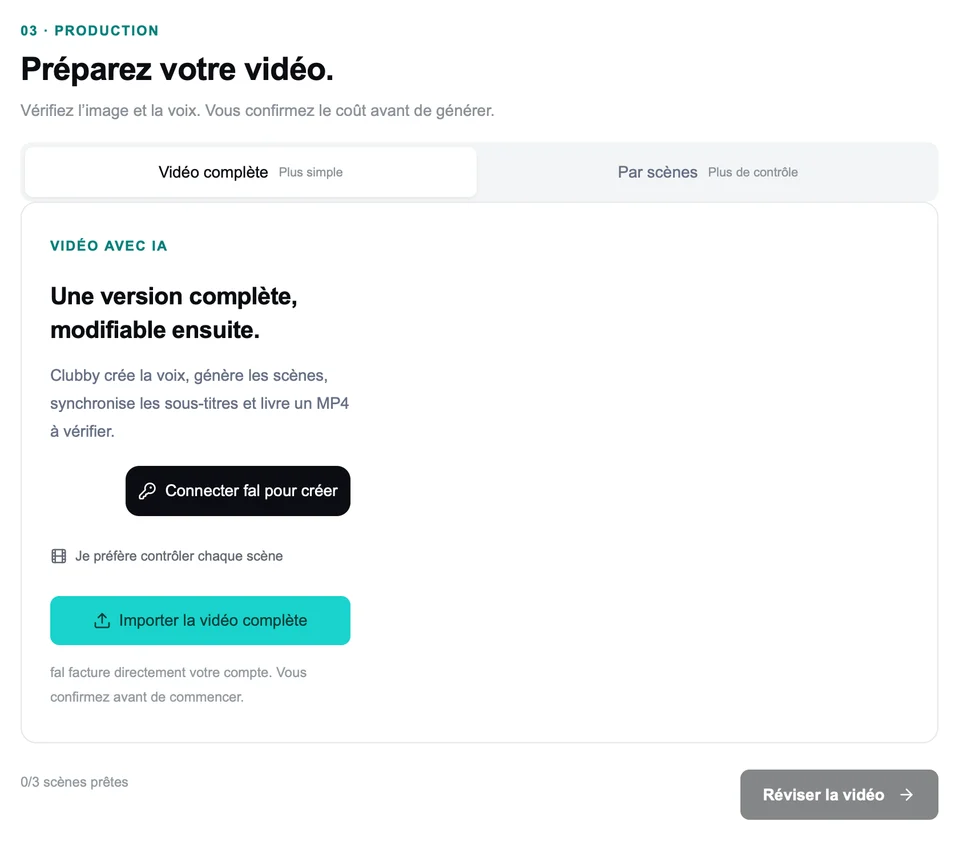 Interface réelle de Clubby : préparation de la vidéo avant la génération