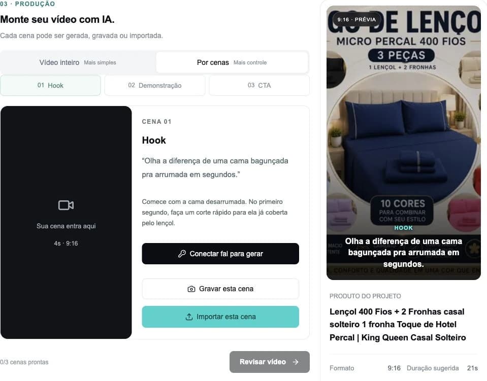 Tela real da Clubby com controles de produção por cenas, antes de gerar o vídeo