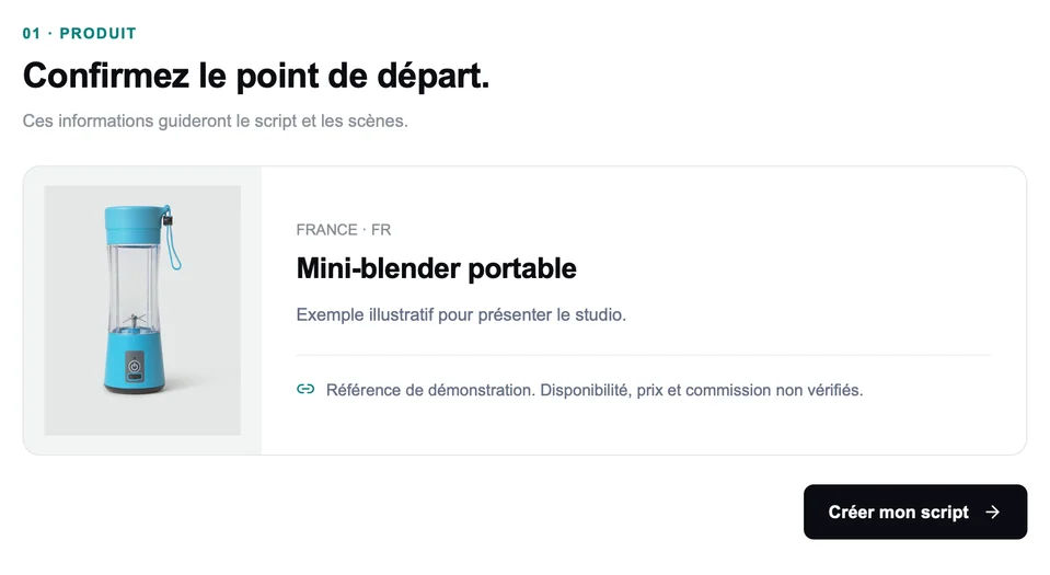 Interface réelle de Clubby : confirmation du produit choisi avant le script
