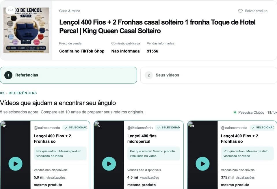Tela real da Clubby com produto selecionado e referências disponíveis