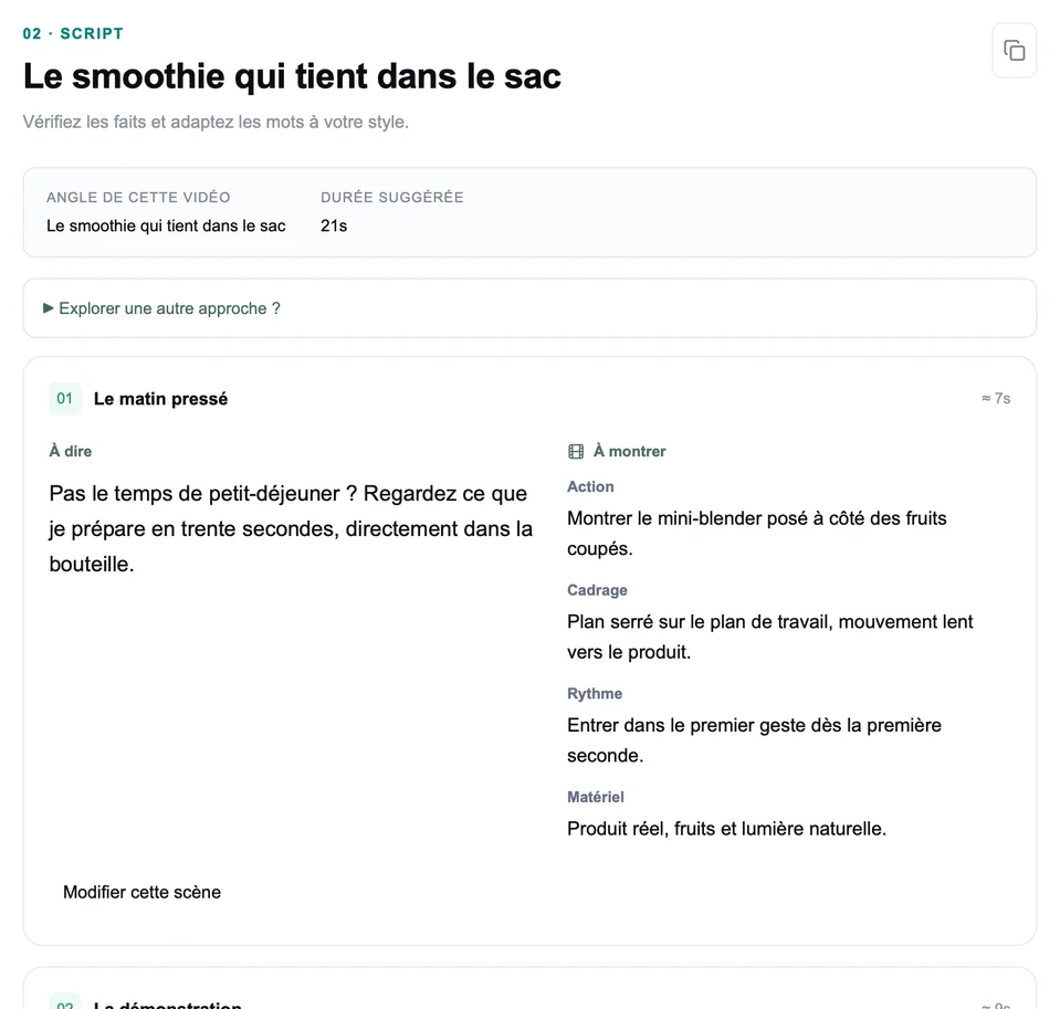 Interface réelle de Clubby : script enregistré avec paroles et instructions de tournage