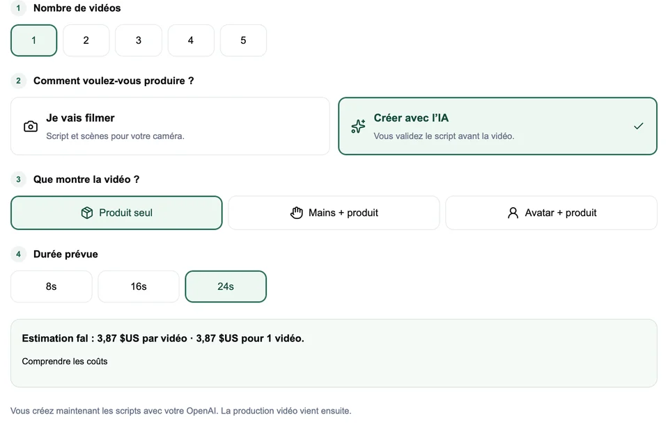 Interface réelle de Clubby : choix du nombre de vidéos, du mode et de la durée