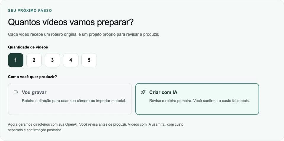 Tela real da Clubby para escolher a quantidade de vídeos e a forma de produção